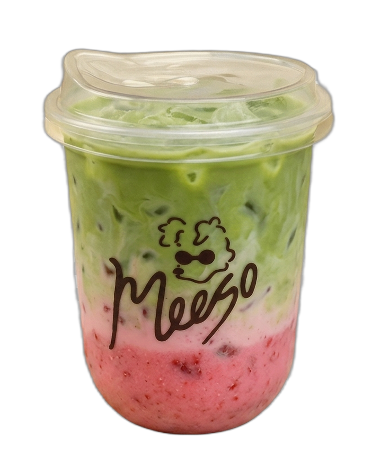 Iced strawberry matcha in a branded Meeso cup.